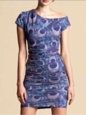 bebe Blue & Purple Peacock-Print Stretch Cap Sleeve Mini Dress - Like New